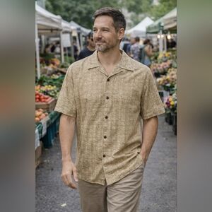 L.L.Bean Short Sleeve Button Down Shirt Men's XL Tan Geometric Casual